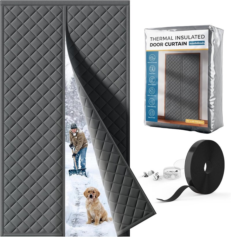 augblinds Magnetic Thermal Insulated Door Curtain Fits Door Size 38 x 83 Inch, Insulation Cover for Cold, Oxford Cloth Thicken Cotton Filled Blanket for Front Back Attic Door in Winter, Grey - Image 1